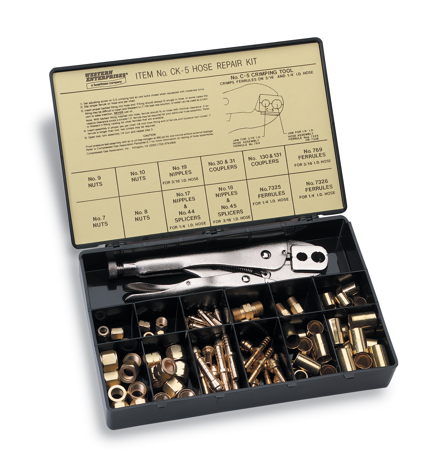 Western Enterprises®  for 3/16", 1/4"ID Hose.  Includes C-5 crimping tool and A|B size fittings.